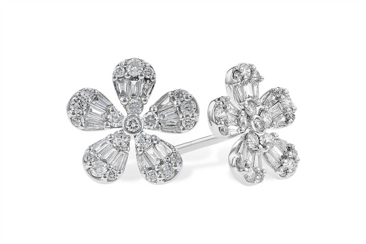 Introducing the Flower Diamond 14K White Gold Earrings by Allison Kaufman, featuring a pair of floral studs, each petal elegantly embellished with dazzling clear gemstones.