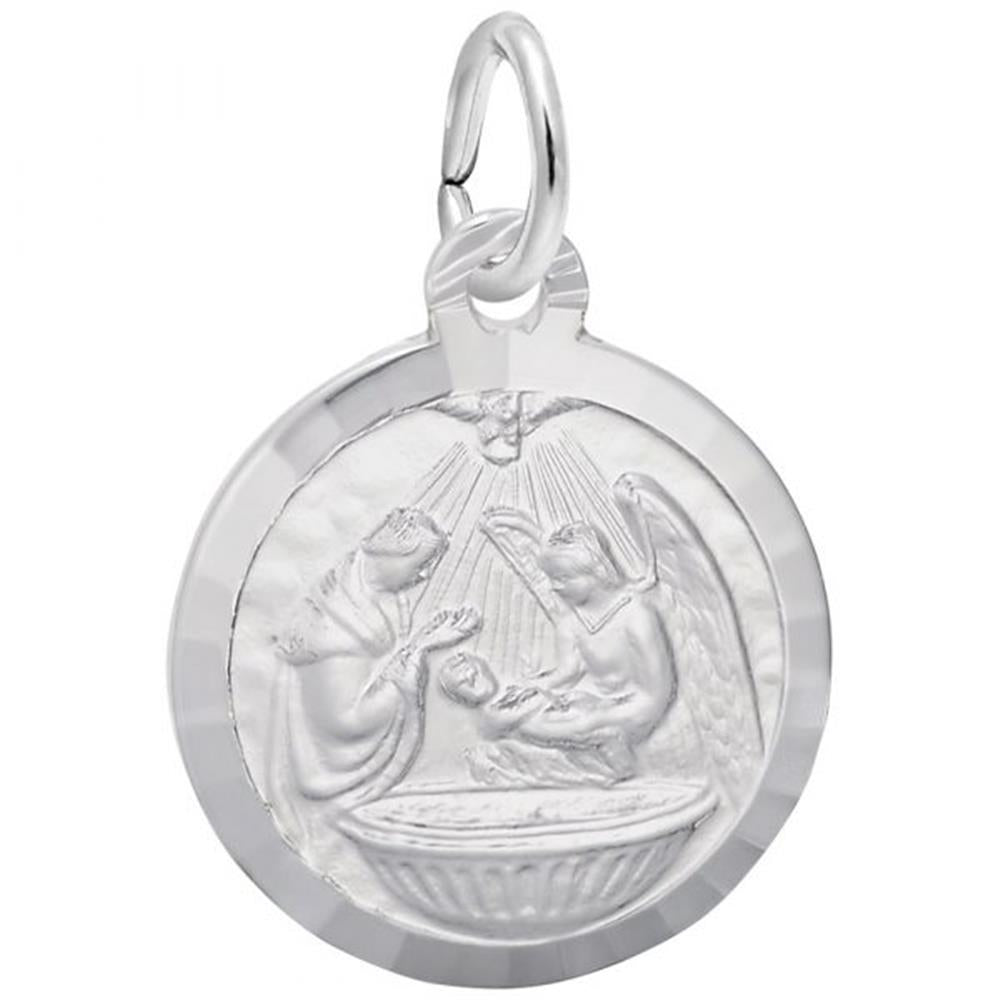 The image shows the Sterling Silver Baptism Disc Charm from Rembrandt Charms. The charm is crafted in sterling silver and features a detailed design commemorating a baptism on a round disc. It measures 0.52 inches by 0.52 inches (13.21 mm x 13.21 mm) and has the style number 7776. This charm is a perfect keepsake for commemorating a baptism.