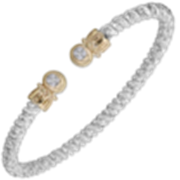 A close-up of an elegant Alwand Vahan Jewelry bracelet featuring a 3 mm braided sterling silver band with two 14k gold ends. Each gold end is adorned with a single, large, round diamond, adding a touch of sophistication and glamour to the piece. Designed for wrist sizes ranging from 5.75 to 6.25 inches, this exquisite accessory combines luxury and style seamlessly.