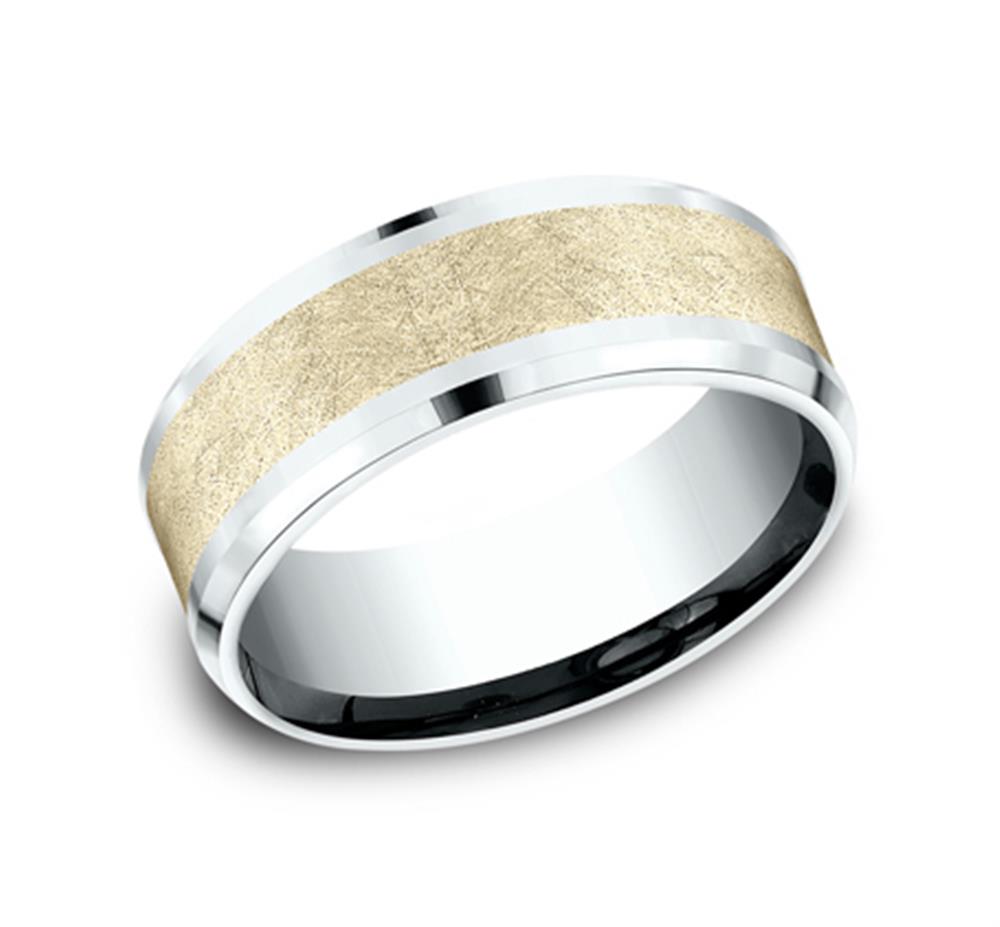 Experience the elegance of the AMARRA STONE Ring by Benchmark Rings, featuring a stylish wire etching and polished finish. This masterpiece combines 14K white and yellow gold with a center band of brushed gold encircled by polished silver edges. The ring’s modern, sophisticated design ensures a smooth inner surface for ultimate comfort and is available in size 10.0.