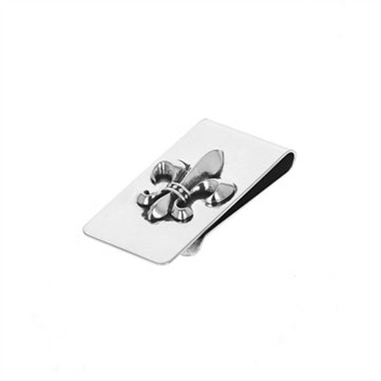 The King Baby Money Clip with Fleur De Lis features a raised fleur-de-lis design on its front, set against a plain white background.