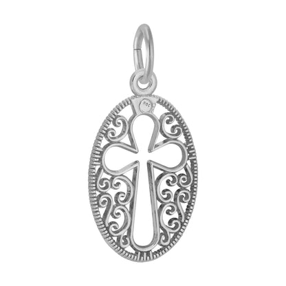 Gold-plated Filigree Oval Cross Charm by Rembrandt Charms, featuring an openwork cross at the center encircled by intricate swirling patterns reminiscent of classic filigree, and finished with a top loop for easy attachment—a timeless piece of religious jewelry.