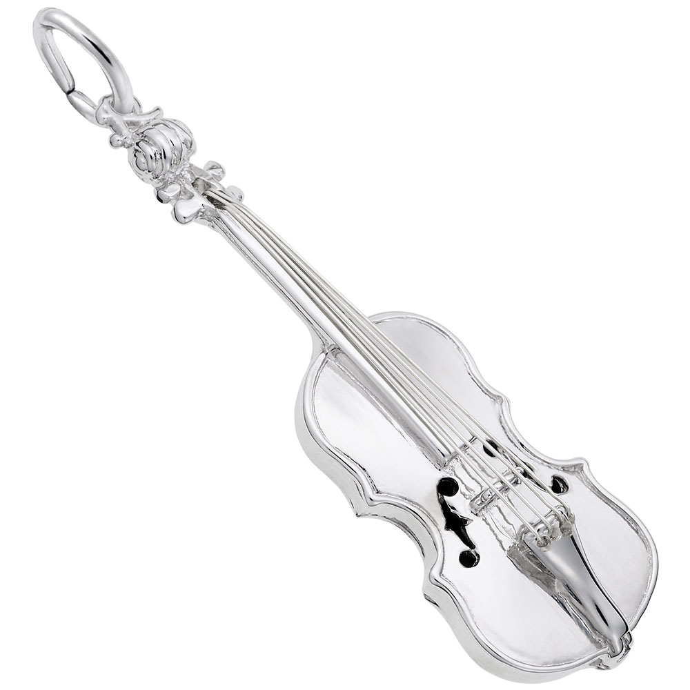 The "Violin - Sterling Silver Charm" by Rembrandt Charms is a beautifully crafted, violin-shaped accessory featuring intricate detailing of the strings, f-holes, and scroll. This exquisite pendant includes a small link at the top for easy attachment to a necklace or bracelet. Its polished surface reflects light brilliantly, showcasing its expert craftsmanship.