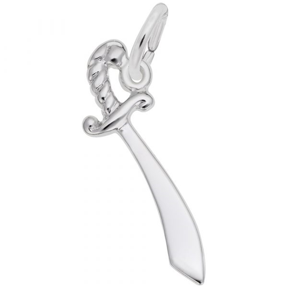 The Sword Charm- Sterling Silver by Rembrandt Charms features a curved scimitar design with a detailed handle and a loop at the top for easy attachment, making it an eye-catching accessory for any sword necklace or charm bracelet.