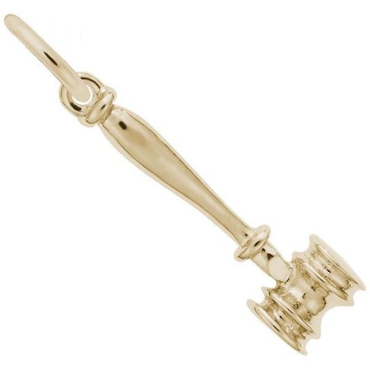 The Rembrandt Charms Gavel Charm, crafted in 14K yellow gold and designed in the shape of a judge's gavel, features a detailed handle and gavel head with a loop at the top for a chain or necklace. This exquisite piece is displayed against a white background.
