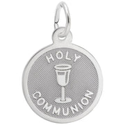 The Holy Communion Charm in sterling silver by Rembrandt Charms is a round pendant with a textured background, featuring the engraving "HOLY COMMUNION" surrounding a central image of a chalice. It has a small loop at the top for attaching to a chain or bracelet.