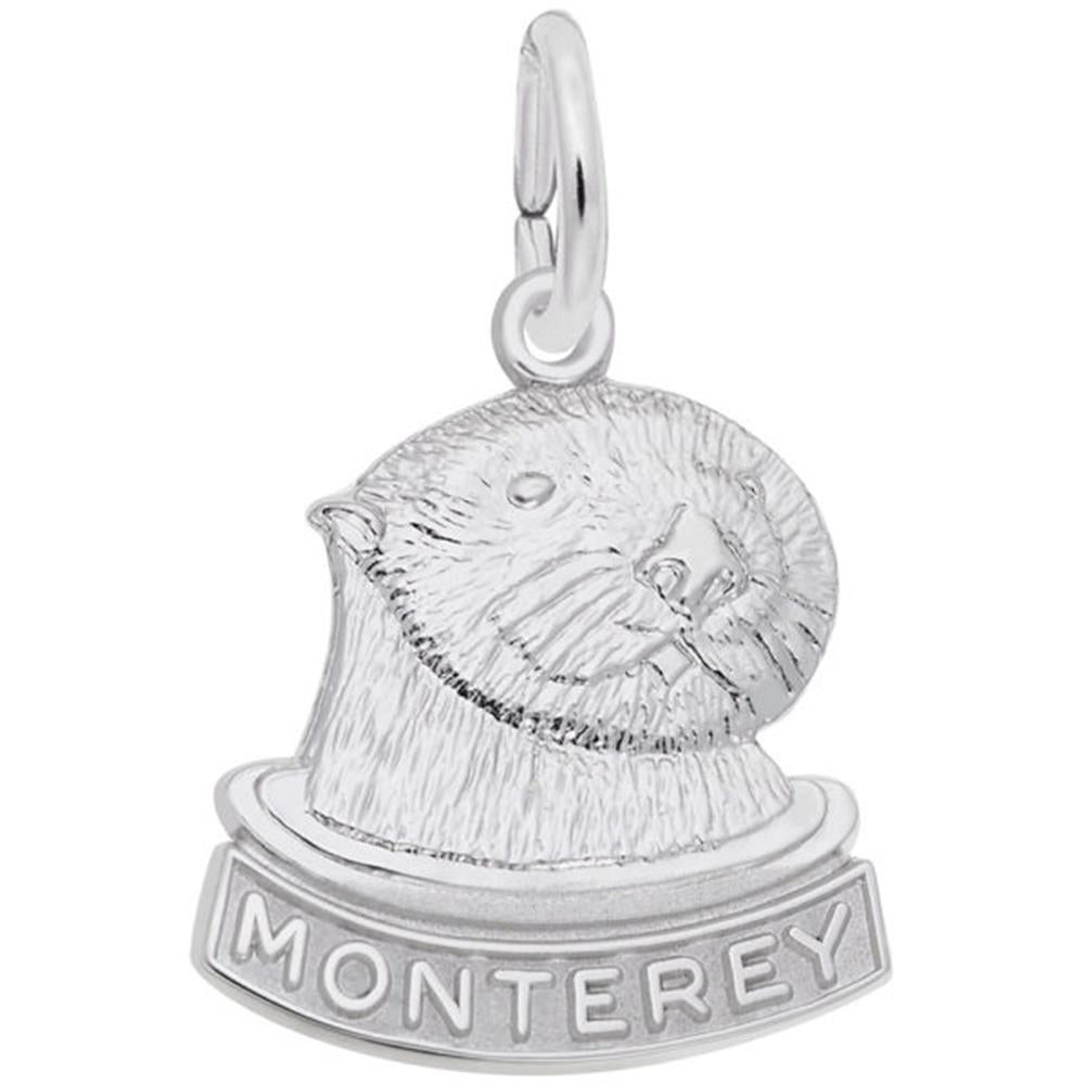 The Rembrandt Charms Monterey Sea Otter Charm in sterling silver features the head of a Monterey sea otter with "Monterey" inscribed below it, and includes a loop at the top for attaching to a bracelet or necklace.