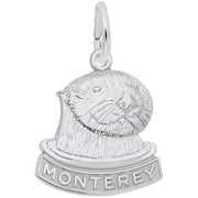 The Rembrandt Charms Monterey Sea Otter Charm in sterling silver features the head of a Monterey sea otter with "Monterey" inscribed below it, and includes a loop at the top for attaching to a bracelet or necklace.