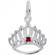 Introducing the Tiara With Birthstone Charm (January) by Rembrandt Charms—a sterling silver charm designed in the shape of a crown, featuring intricate textured details and a vibrant red gemstone at its center to represent the January birthstone. This elegant princess tiara charm is attached to a loop at the top, making it easy to hang or wear, and is a perfect gift for January birthdays.