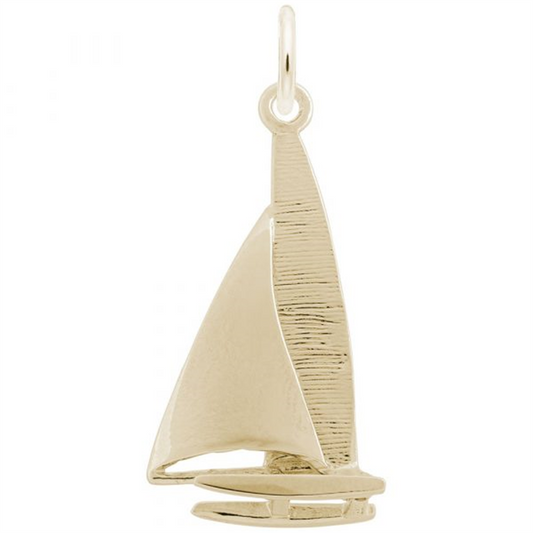 Rembrandt Charms' Catamaran Charm in gold-plated sterling silver features a detailed sail and hull with textured and smooth surfaces, plus a top loop for easy attachment to jewelry—perfect for standout nautical style.