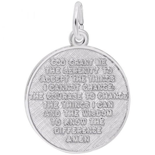 The Serenity Prayer Charm by Rembrandt Charms is a round pendant crafted from Sterling Silver, featuring the engraved Serenity Prayer: "God grant me the serenity to accept the things I cannot change, the courage to change the things I can, and the wisdom to know the difference. Amen." This charm includes a loop for attaching to a chain.