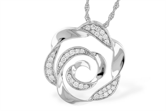 The Diamonds 14K White Gold Necklace by Allison Kaufman showcases a silver pendant shaped like a stylized rose with swirling diamond-accented petals, gracefully hanging from a delicate 14K white gold chain.