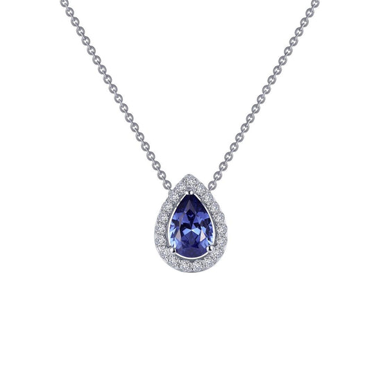The Pear-Shaped Halo Necklace from Lafonn features a teardrop-shaped pendant with a mesmerizing deep blue gemstone at its center, encircled by a radiant halo of Lassaire simulated diamonds. This stunning piece is suspended from an elegant sterling silver chain, and its intricate design accentuates the brilliance of the central gemstone, ensuring it remains a timeless classic.