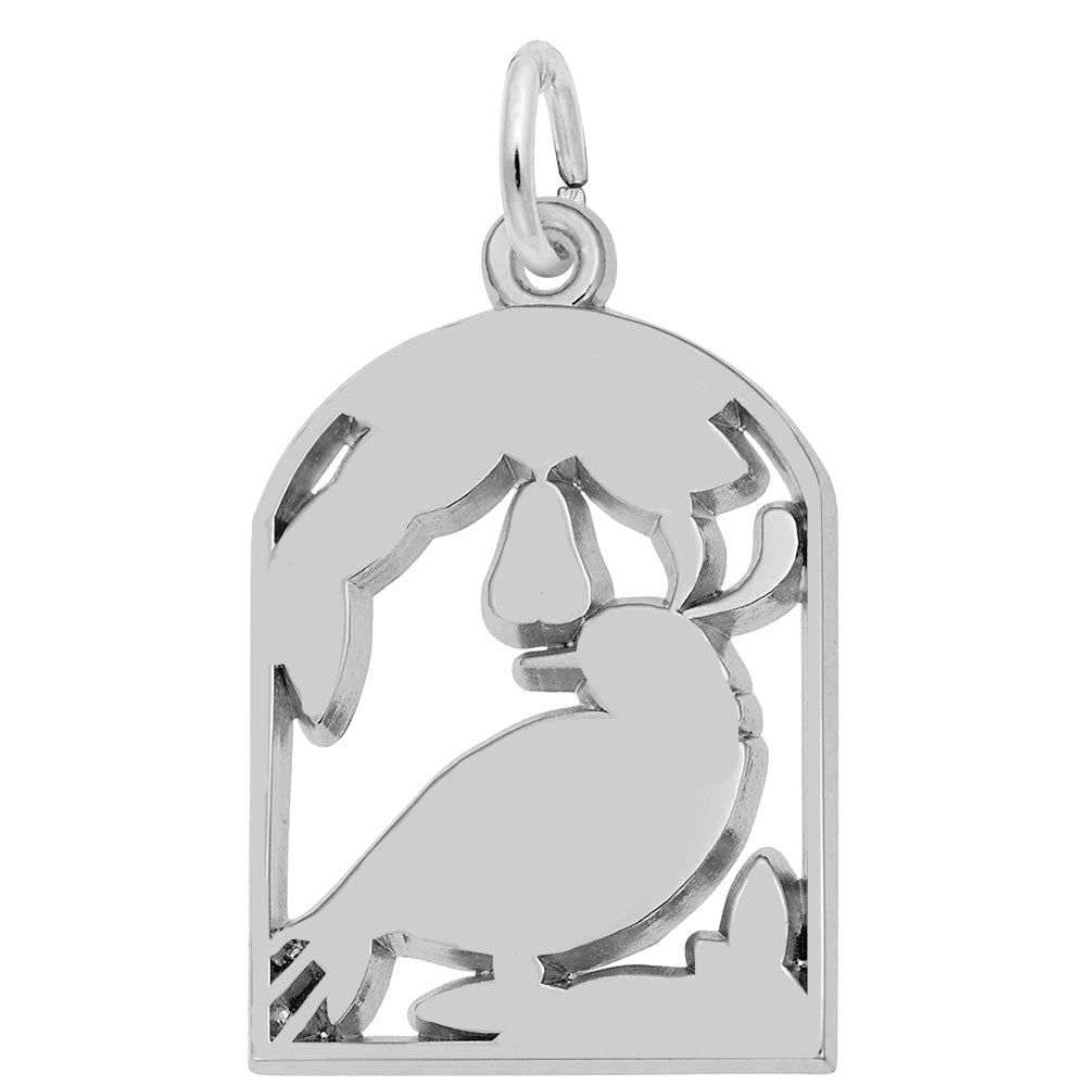 A Rembrandt Charms creation, the "A Partridge in a Pear Tree Charm" is made of sterling silver and features a delicate silhouette of a bird perched on a branch. The pendant includes an arched top and an attachment loop, perfect for adding to a necklace or bracelet.