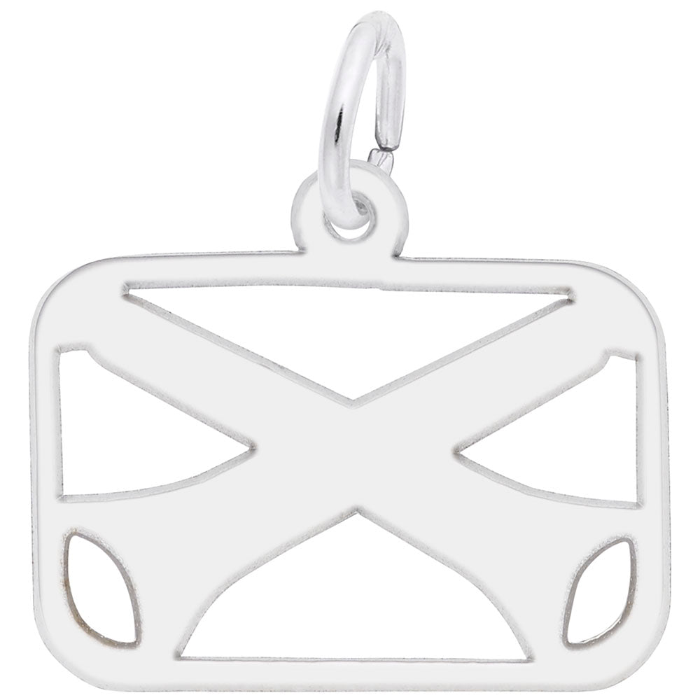 A sterling silver pendant from Rembrandt Charms features a rectangular shape with a cut-out design resembling the Saltire, Scotland's flag, intersecting diagonally in a cross pattern. Perfect for the holiday season, it includes a small loop at the top for attaching to an Eleven Pipers Piping Charm by Rembrandt Charms or necklace.