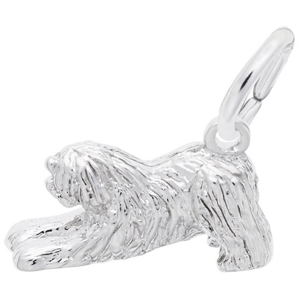 The Rembrandt Charms "Old English Sheepdog Dog Charm" is crafted from sterling silver and intricately designed with long, textured fur, capturing a playful stretching position. It includes a small loop at the top for easy attachment to a bracelet or necklace.