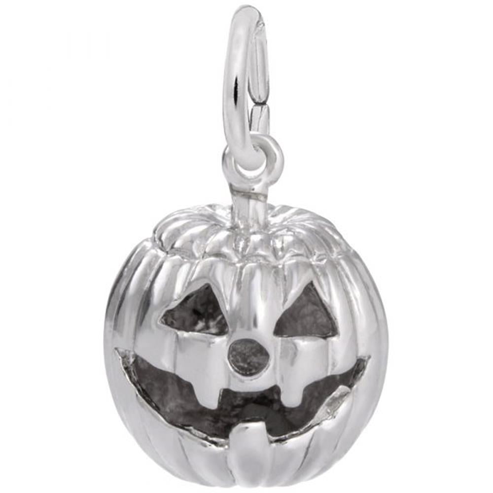 The Rembrandt Charms Jack O Lantern Charm, crafted from sterling silver, features a carved, smiling face with triangular eyes and nose, along with a wide, jagged mouth. This Halloween charm includes a loop at the top for easy attachment to a bracelet or necklace.