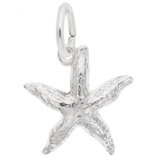 A Rembrandt Charms Starfish Charm in Sterling Silver featuring five arms with a natural, intricate design and a textured surface, with a small loop at the top for easy attachment to a chain or bracelet.