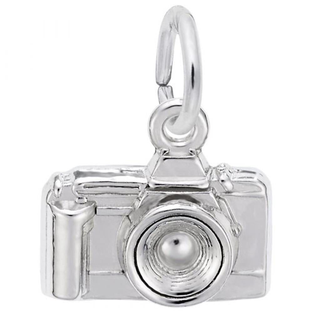 A Rembrandt Charms Camera Charm / Sterling Silver, featuring intricate details like a lens, flash, and viewfinder. The charm has a rounded loop at the top for attaching to a bracelet or necklace.