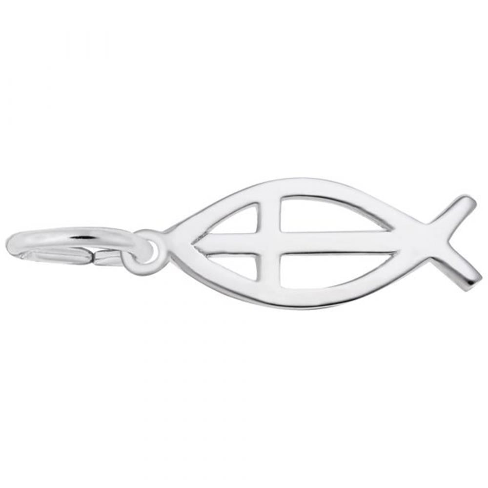 The Rembrandt Charms Itcthus Charm / Sterling Silver features a hollow center and a cross inside it, complete with a small loop at one end for easy attachment to a chain or bracelet.