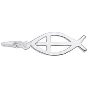 The Rembrandt Charms Itcthus Charm / Sterling Silver features a hollow center and a cross inside it, complete with a small loop at one end for easy attachment to a chain or bracelet.