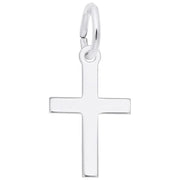 The Small Plain Cross Charm in Sterling Silver from Rembrandt Charms features a sleek and minimalist design, with a smooth surface and a circular loop for convenient attachment to any chain or bracelet, effortlessly blending elegance with subtlety.