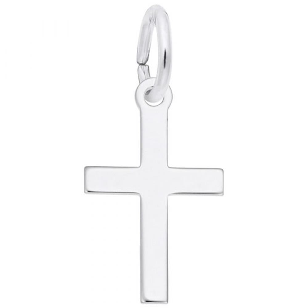 The Small Thin Cross Charm in Sterling Silver by Rembrandt Charms features a smooth, flat surface and hangs elegantly on a circular loop, exuding simplicity and grace.