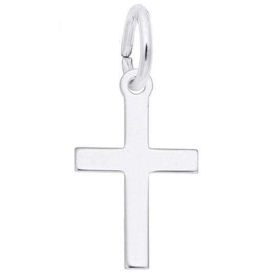 The Small Thin Cross Charm in Sterling Silver by Rembrandt Charms features a smooth, flat surface and hangs elegantly on a circular loop, exuding simplicity and grace.