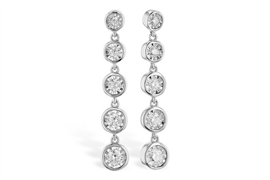 Discover the sophistication of the Diamond 14K White Gold Dangle Earrings by Allison Kaufman. These exquisite earrings showcase a series of five round, bezel-set gemstones, artfully linked to create a sleek and modern vertical design.