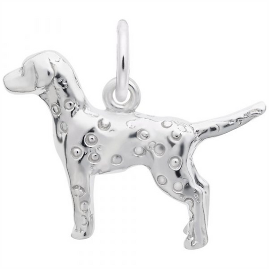 The Rembrandt Charms Dalmatian Stirling Silver charm, with detailed circular patterns reminiscent of Dalmatian spots, features a loop for hanging on a chain or bracelet.