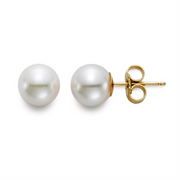 Mastoloni Pearls Akoya Pearl Stud Earrings with 18 Kt gold posts and butterfly backs, shown on a white background.
