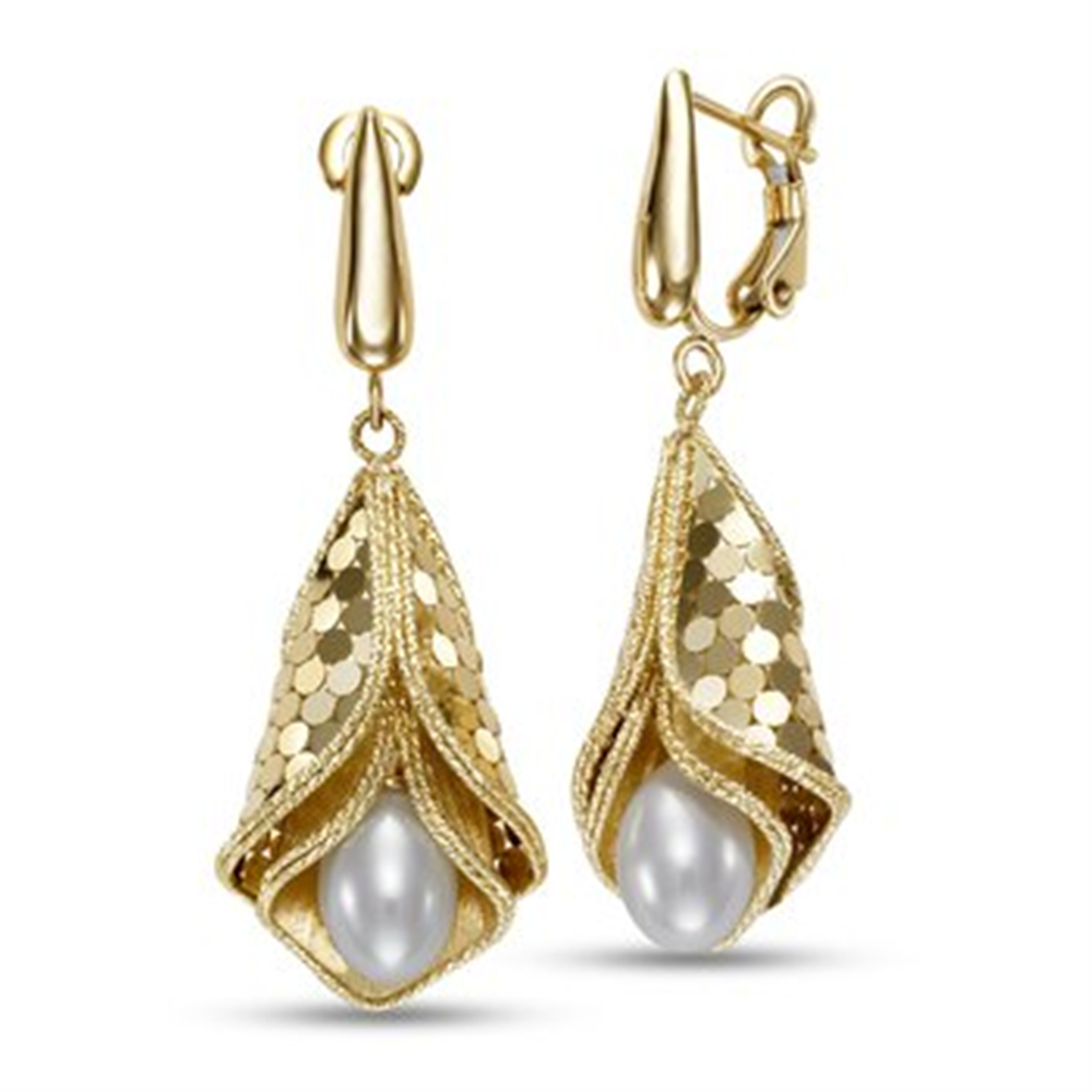 Mastoloni Pearls' 14k Y Clam Drop earrings feature round 7-7.5 mm Freshwater pearls nestled in textured, petal-like layers with shiny sequins and secure lever-back clasps.