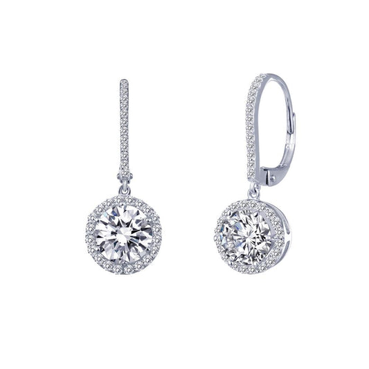 A pair of Round Halo Drop Earrings from Lafonn, featuring elegant sterling silver drop earrings with a large round central diamond encircled by a halo of smaller diamonds. These exquisite earrings have a latch-back closure and are further embellished with small diamonds on the top part.