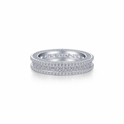 The Lafonn RG CL S.S. PT 5.16 CTW Princess Cut Eternity Band is a stunning silver ring featuring three rows of small, sparkling diamonds encircling the band. The intricate design and closely set diamonds provide a continuous glitter effect, making this exquisite eternity band truly eye-catching as it's displayed on a plain white background.