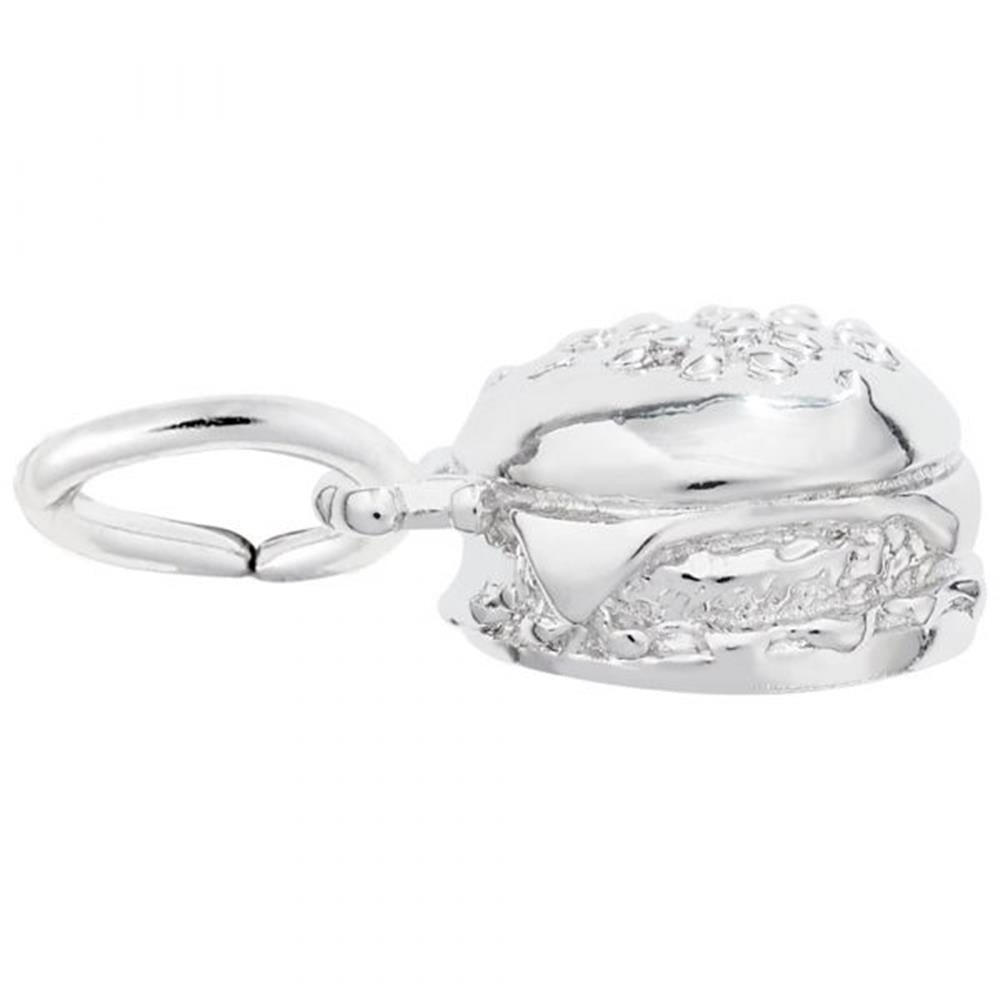 The Rembrandt Charms Hamburger Charm, made from sterling silver, is a small and shiny charm intricately designed to resemble a hamburger with detailed bun, patty, and fillings. It features a loop on top for easy attachment to a bracelet or necklace.