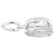 The Rembrandt Charms Hamburger Charm, made from sterling silver, is a small and shiny charm intricately designed to resemble a hamburger with detailed bun, patty, and fillings. It features a loop on top for easy attachment to a bracelet or necklace.