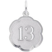 Introducing the Number 13 Charm by Rembrandt Charms: a sterling silver piece beautifully crafted in the shape of a flower, featuring a textured center and an engraved number "13". This elegant charm includes a small loop at the top, making it easy to attach to your favorite necklace or bracelet.