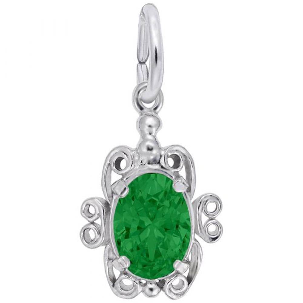 A Rembrandt Charms "Filigree May Birthstone Charm" crafted from sterling silver, featuring an intricately designed turtle with a large, oval-shaped green gemstone at its center. The turtle showcases ornate filigree swirl patterns on its body and includes a loop at the top for easy attachment to a necklace or bracelet, making it an elegant addition.