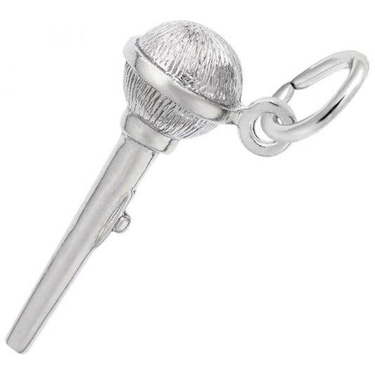 The Rembrandt Charms Microphone Charm in sterling silver is designed with a spherical mesh head and a simple elongated handle. It includes a small circular loop at the top, perfect for attaching to a chain or bracelet. This charm showcases a sleek and polished finish.