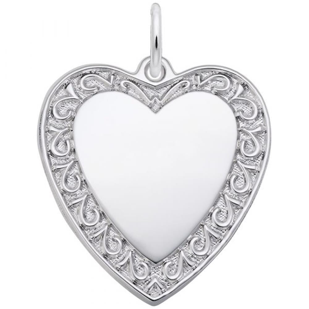 The Rembrandt Charms Scrolled Classic Heart Charm, crafted from sterling silver, showcases an intricate filigree design on the border and a smooth, polished center. This elegant heart-shaped pendant includes a small loop at the top for easy attachment to a chain or necklace.