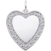 The Rembrandt Charms Scrolled Classic Heart Charm, crafted from sterling silver, showcases an intricate filigree design on the border and a smooth, polished center. This elegant heart-shaped pendant includes a small loop at the top for easy attachment to a chain or necklace.