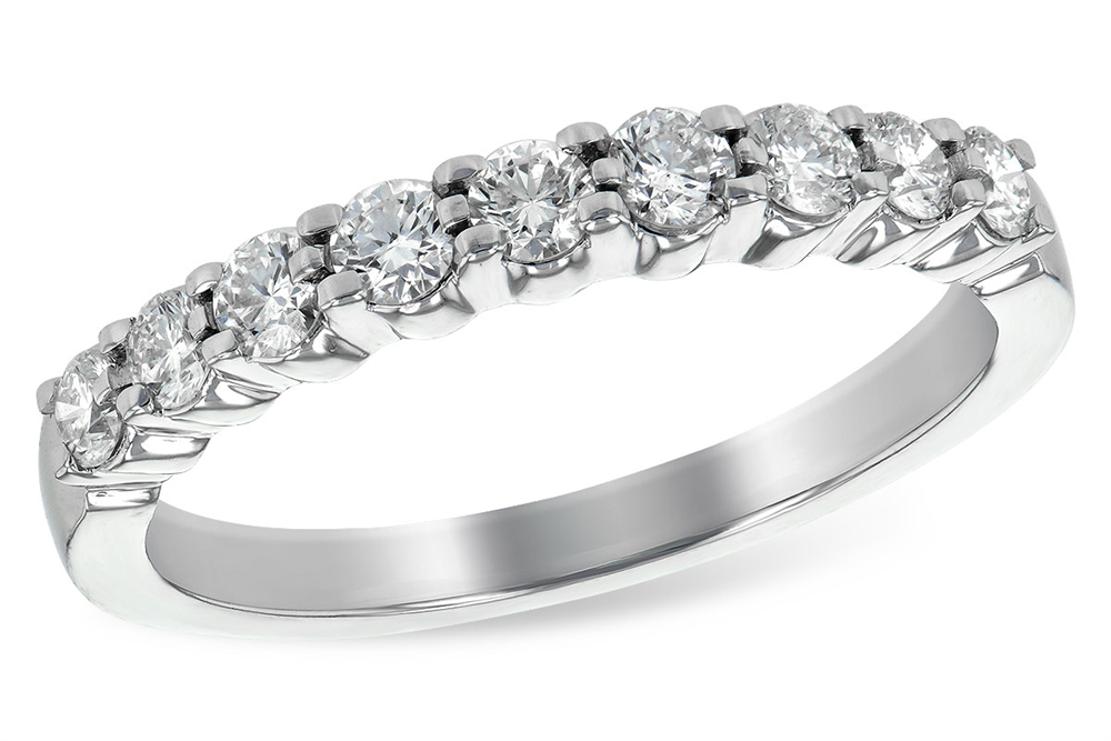 The Allison Kaufman 14k white gold band showcases a row of prong-set natural diamonds totaling 0.50ct, creating a timelessly elegant wedding ring.