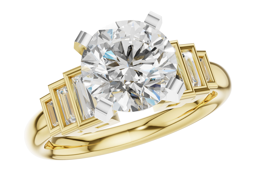 The Allison Kaufman L7941 is a 14K 2 tone, Baguette, SEMI Engagement Ring featuring a modern stepped design with baguette accents for a bold, contemporary look.