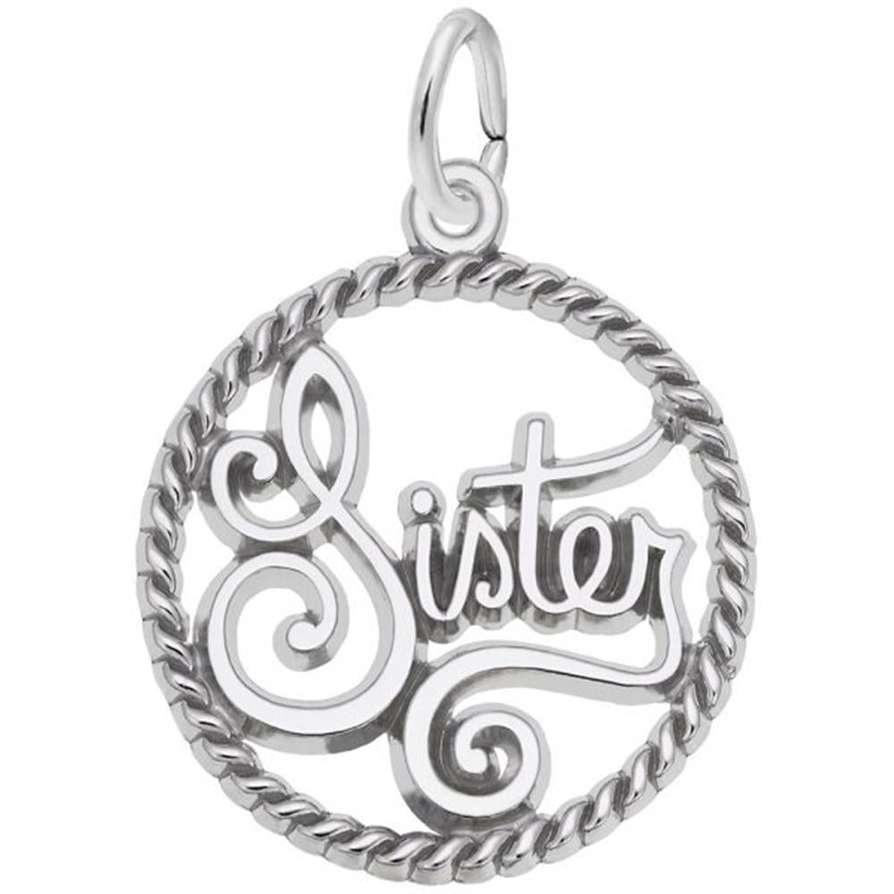 A detailed image of the Sterling Silver Sister Rope Circle Charm by Rembrandt Charms. This charm features a polished rope circle with the word "Sister" elegantly engraved, measuring 0.84 inches by 0.84 inches (21.45 mm by 21.45 mm). The charm has a sleek sterling silver finish, perfect for adding a touch of love and appreciation to any charm bracelet or necklace. Style number 3186.