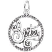 A detailed image of the Sterling Silver Sister Rope Circle Charm by Rembrandt Charms. This charm features a polished rope circle with the word "Sister" elegantly engraved, measuring 0.84 inches by 0.84 inches (21.45 mm by 21.45 mm). The charm has a sleek sterling silver finish, perfect for adding a touch of love and appreciation to any charm bracelet or necklace. Style number 3186.