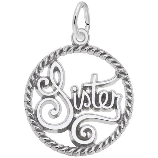 A detailed image of the Sterling Silver Sister Rope Circle Charm by Rembrandt Charms. This charm features a polished rope circle with the word "Sister" elegantly engraved, measuring 0.84 inches by 0.84 inches (21.45 mm by 21.45 mm). The charm has a sleek sterling silver finish, perfect for adding a touch of love and appreciation to any charm bracelet or necklace. Style number 3186.