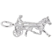The Rembrandt Charms Horse Trotter Charm in sterling silver showcases intricate craftsmanship, depicting a horse trotter pulling a two-wheeled sulky with a driver at the reins, perfectly capturing the motion and dynamics of horse racing.