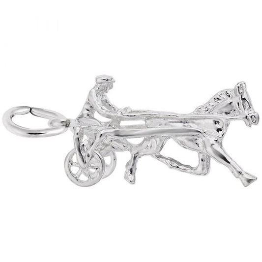 The Rembrandt Charms Horse Trotter Charm in sterling silver showcases intricate craftsmanship, depicting a horse trotter pulling a two-wheeled sulky with a driver at the reins, perfectly capturing the motion and dynamics of horse racing.