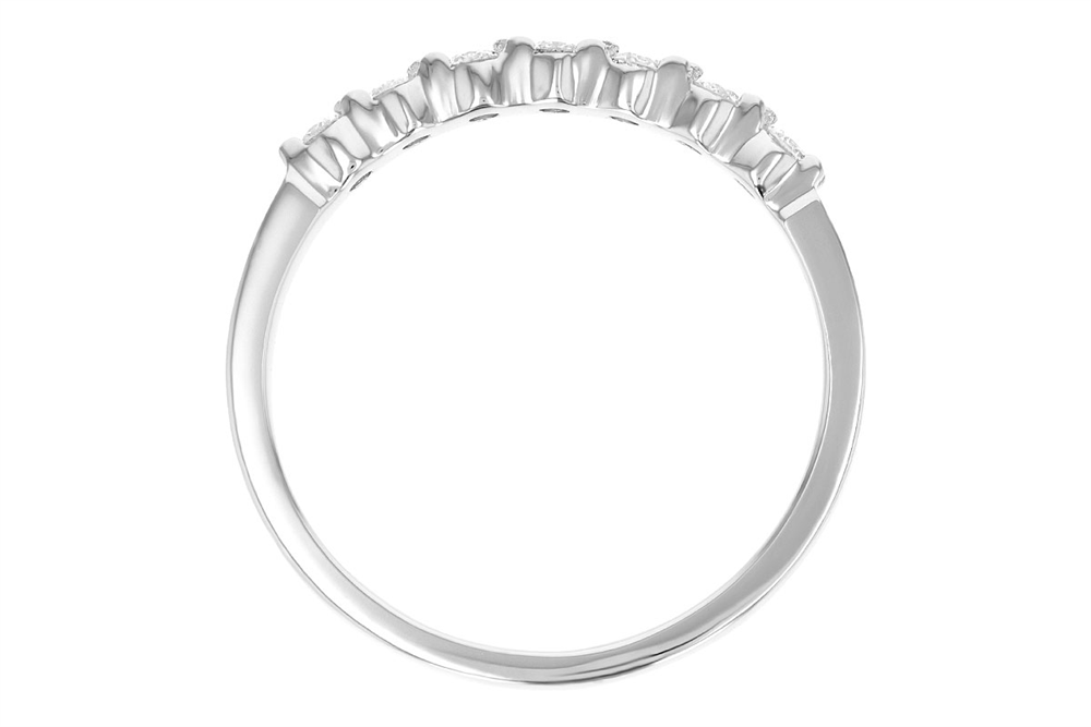 The Ladies Diamond 14k White Gold Wedding Ring by Allison Kaufman embodies timeless elegance, featuring a thin band lined with a row of dazzling diamonds. Its smooth, shiny finish enhances the brilliance of the stones, and its upright position showcases the exquisite side profile of this sophisticated design.