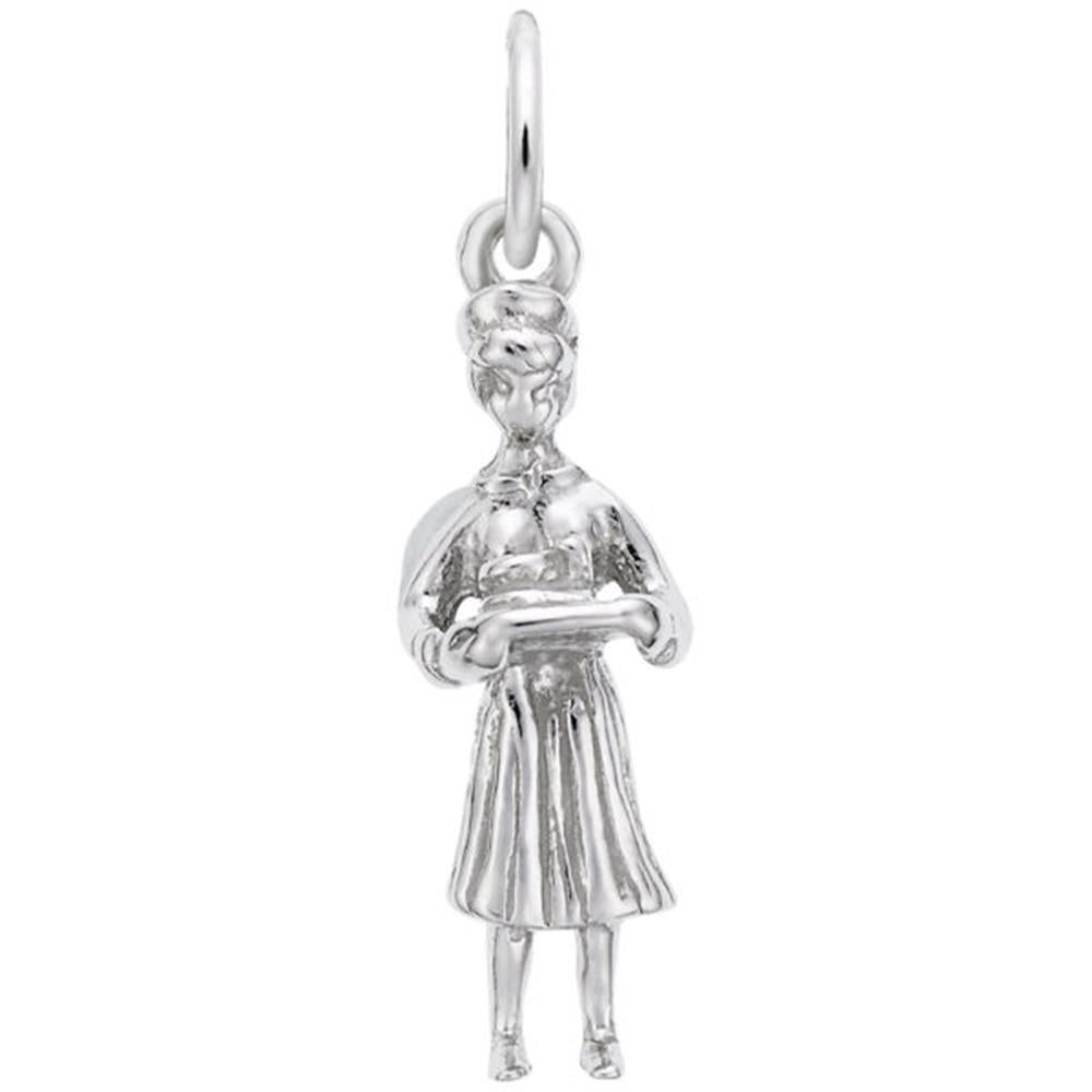 The Rembrandt Charms Nurse Charm is crafted from sterling silver and features an intricate design of a person in a skirt holding an open book. This charm also includes a loop at the top, making it perfect for attaching to a chain or bracelet.